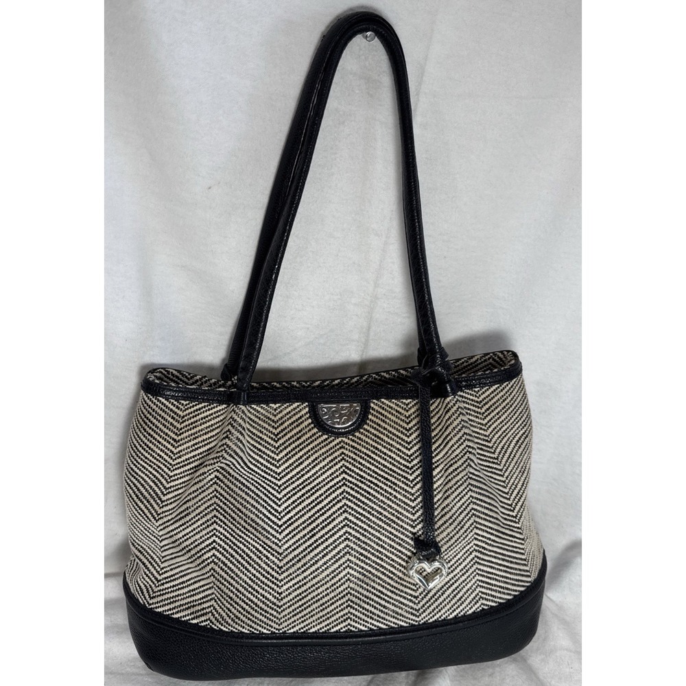 BRIGHTON Pretty Tough CALA Hand Bag Herringbone Fabric & Leather Tote Purse EUC